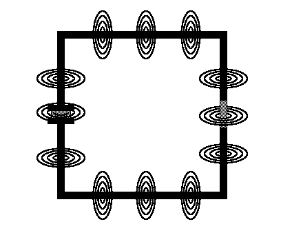 [Same black ring with arrows, but this time with bullseyes of magnetic field distributed around the ring (the ring passes through the center of each bullseye pattern]