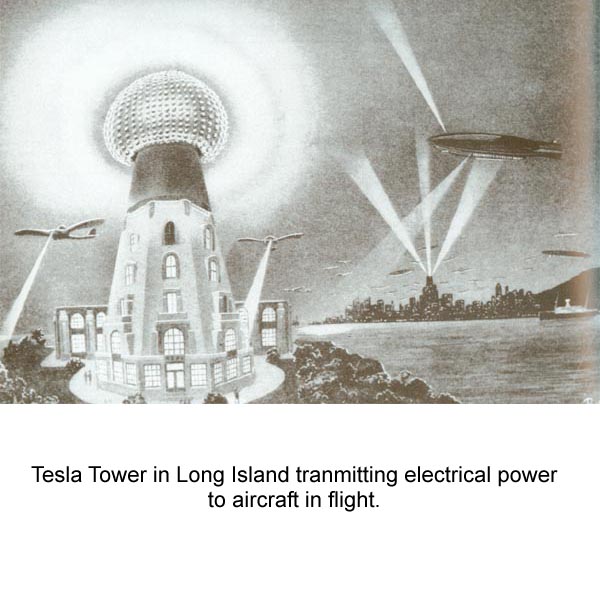 Another Wardenclyffe tower, this version with much larger multi-pane
windows, a distant background cityscape w/skyscraper radiating three huge 
glowing beams up and out, exotic monoplanes each with a glowing ray 
connecting to ground, and a dirigible with one ray to ground, a second 
ray projecting upwards, the distant city sky is clogged with tiny clouds 
which perhaps are flying machines.