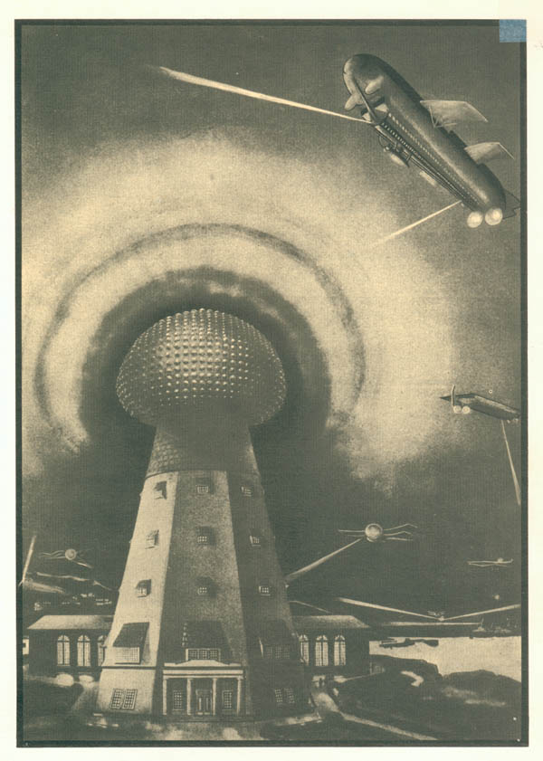 Wardenclyffe machine: Octagonal conical 
tower with windows 8 storeys tall, topped by gigantic distorted metal 
hemisphere covered with small glowing bumps in square array, surrounded 
by a multi-layer glow-discharge hundreds of feet across.  In the 
background are biplanes, dirigibles, and what appears to be a floating 
rectangular sky platform, all which exhibit glowing searchlight beams 
directed downwards.
