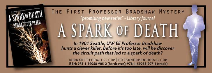 Book ad: Tesla coil murder mystery at the University of Washington,A Spark of Death, by Bernadette Pager